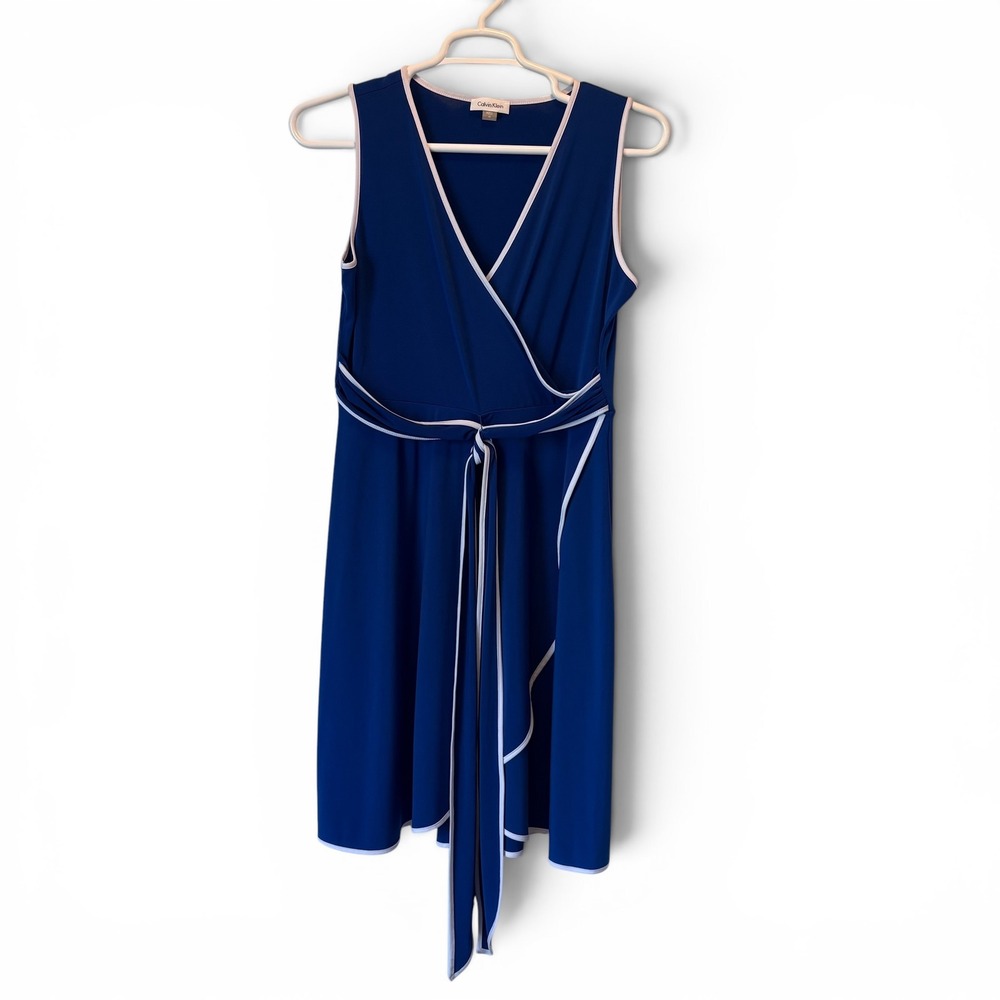 Calvin Klein Royal Blue Faux Wrap Dress Women's Size 12 White Piping Sleeveless